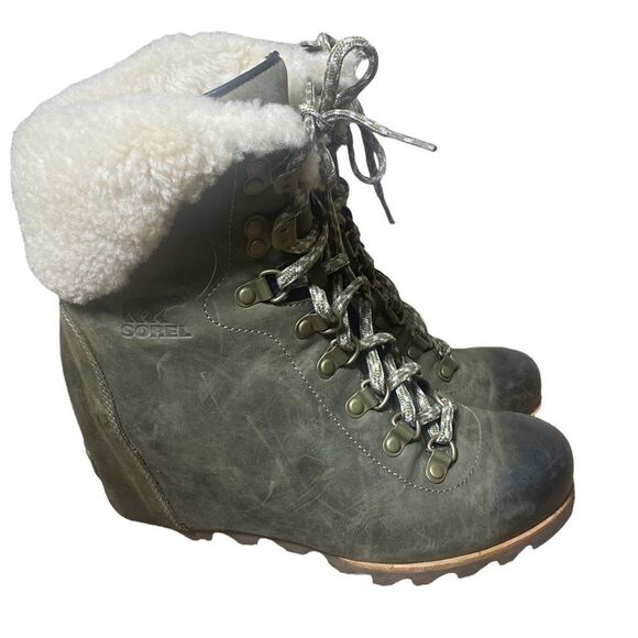 Sorel conquest wedge booties shearling leather in nori 8 distressed Sherpa - Picture 2 of 8